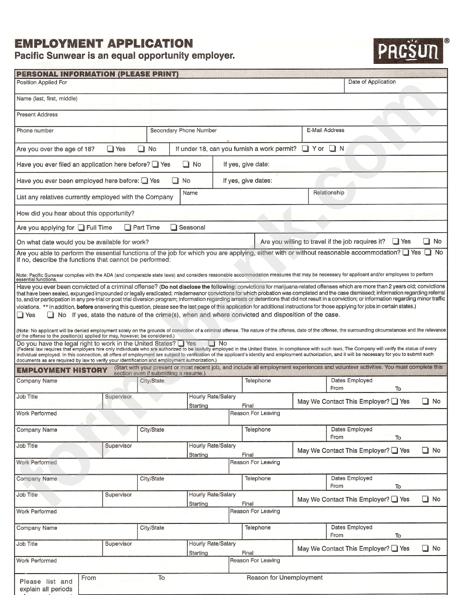 Pacsun Job Application Form Job Application Review printable pdf download