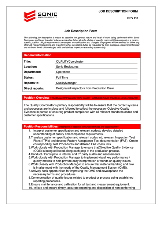Quality Coordinator Job Description printable pdf download