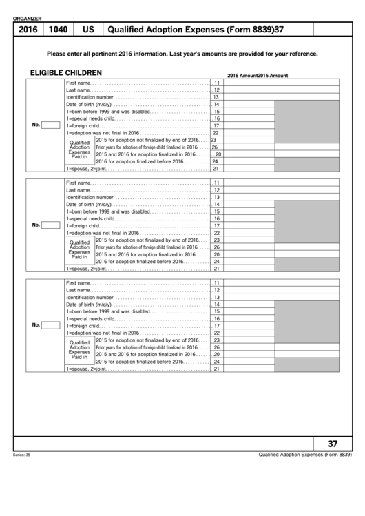 Qualified Adoption Expenses (Form 8839) 2016 printable pdf download