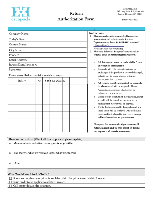 Return Authorization Form Escapada Living printable pdf download