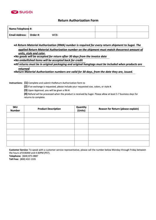 Fillable Return Authorization Form Sugoi printable pdf download