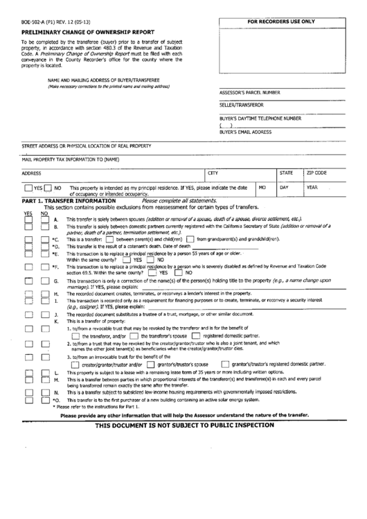 Form Boe502A (P1) Preliminary Change Of Ownership Report 2013