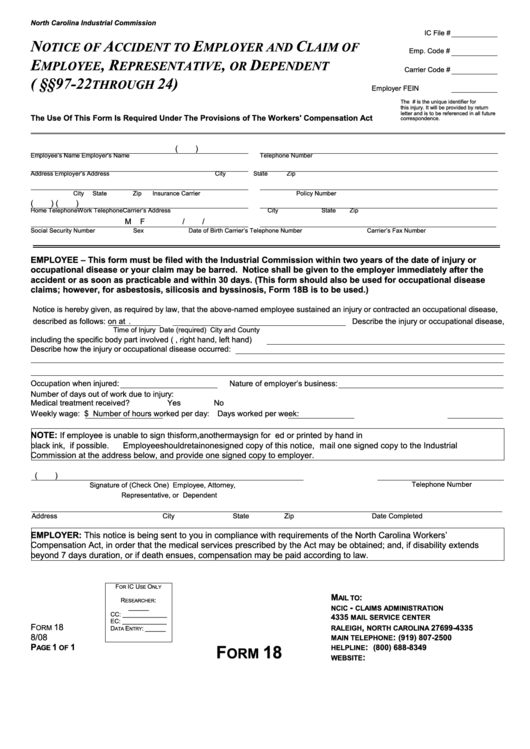 Fillable North Carolina Industrial Commission Notice Of Accident To