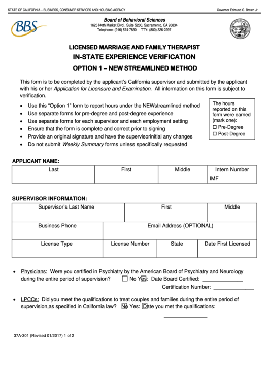 Fillable Licensed Marriage And Family Therapist InState Experience