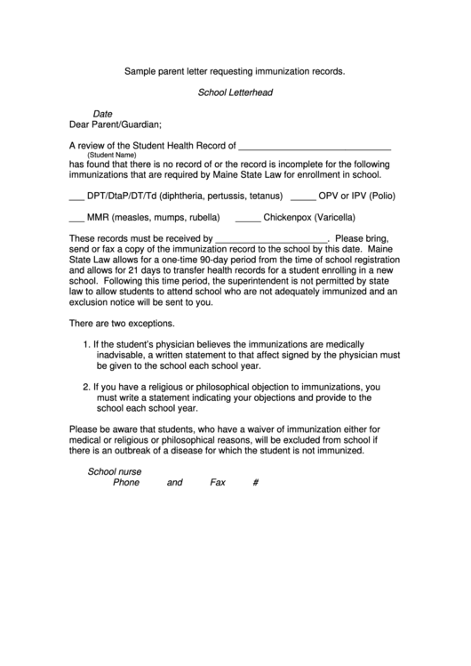 Sample Parent Letter Template Requesting Immunization Records printable