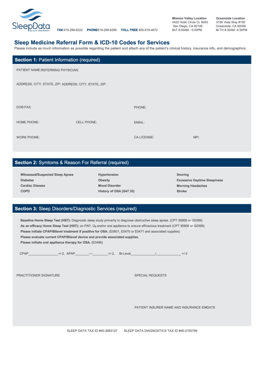 Fillable Sleep Medicine Referral Form And Icd10 Codes For Services