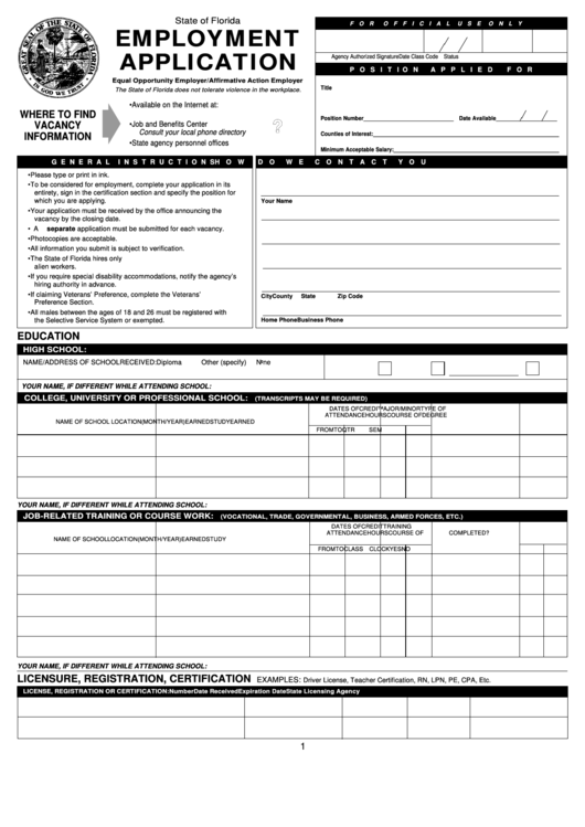 Fillable State Of Florida Employment Application Equal