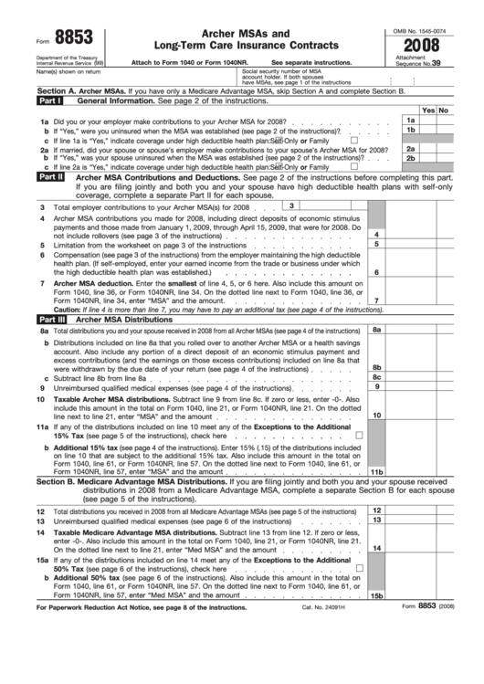 Fillable Form 8853 Archer Msas And LongTerm Care Insurance Contracts
