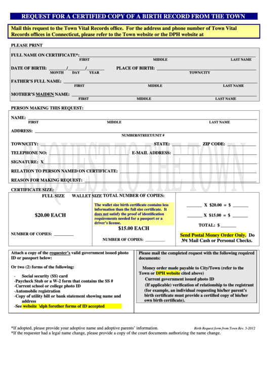 Request For A Certified Copy Of A Birth Record From The Town Andover