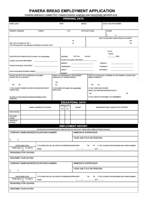 Fillable Panera Bread Job Application Form printable pdf download