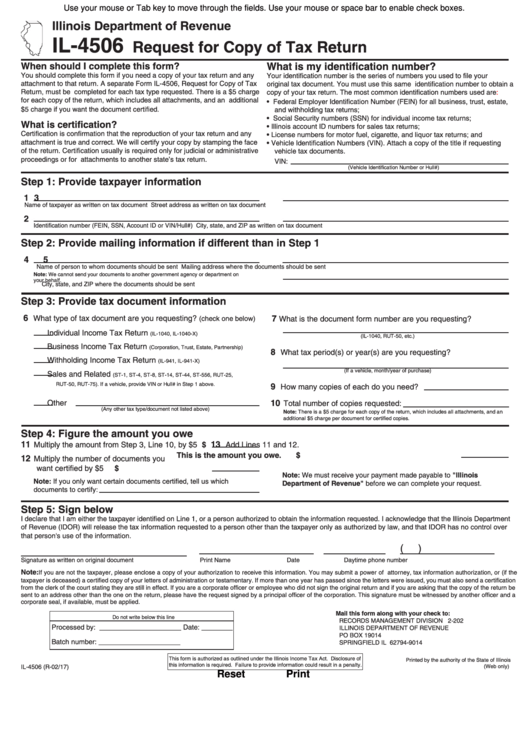 Fillable Il4506 Request For Copy Of Tax Return Illinois Department