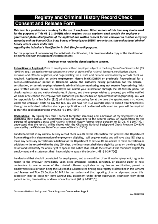 Registry And Criminal History Record Check Consent And Release Form printable pdf download
