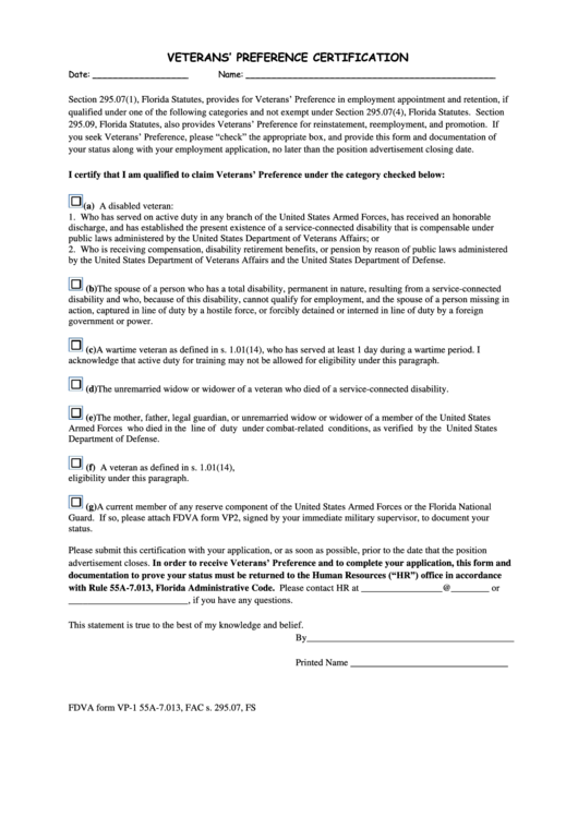 Veterans' Preference Certification Florida Department Of Veterans