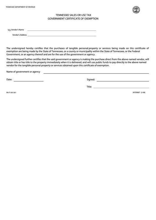 Government Certificate Of Exemption State Of Tennessee printable pdf