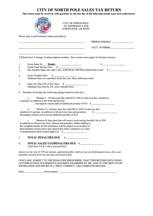 Monthly Sales Tax Reporting Form North Pole, Alaska printable pdf download