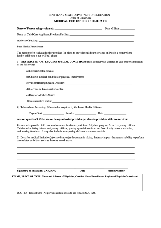 Medical Report For Child Care printable pdf download