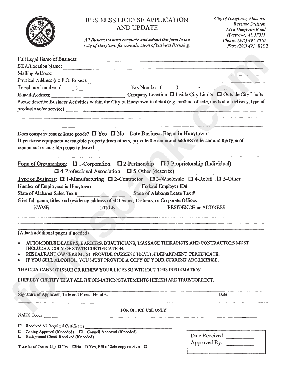 Business License Application printable pdf download