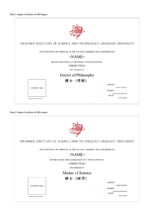 Okinawa Institute Of Science And Technology Graduate University Diploma printable pdf download