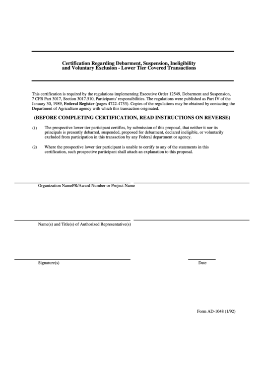 Form Ad1048 Certification Regarding Debarment, Suspension