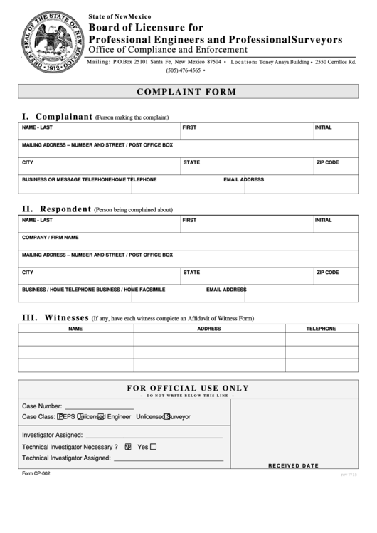 Fillable Complaint Form State Of New Mexico Board Of Licensure For Professional Engineers And