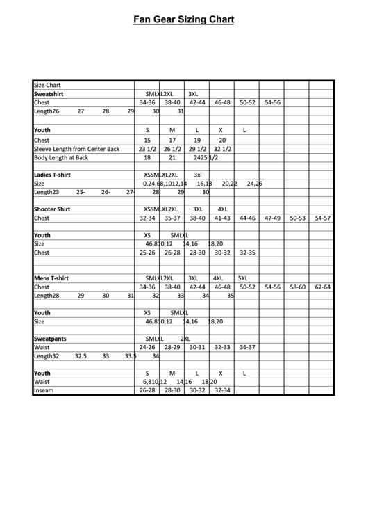 Fan Gear Sizing Chart printable pdf download
