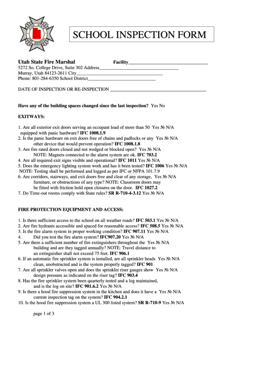 School Inspection Form Utah printable pdf download