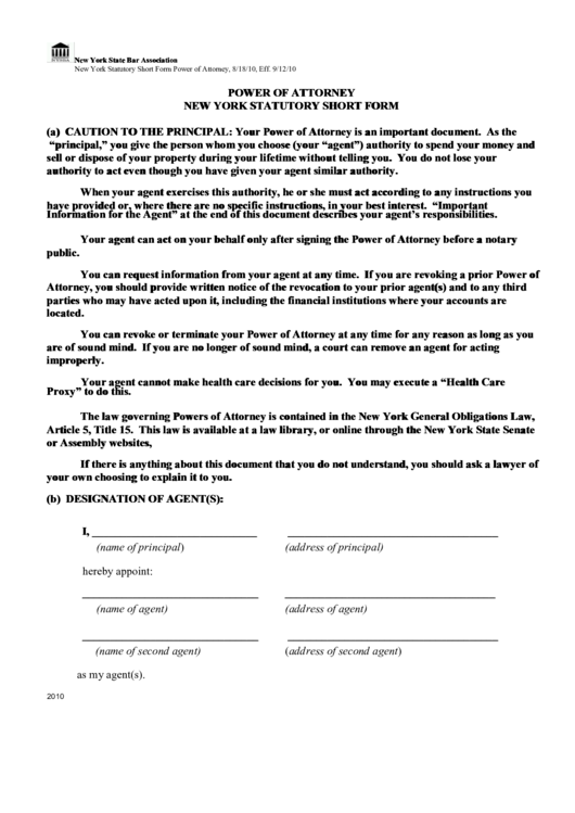 Power Of Attorney New York Statutory Short Form/power Of Attorney New