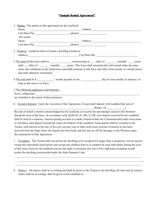 Sample Massachusetts Rental Agreement Template printable pdf download