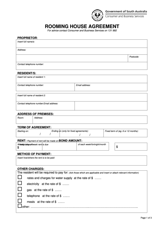 Rooming House Agreement Form Government Of South Australia printable pdf download