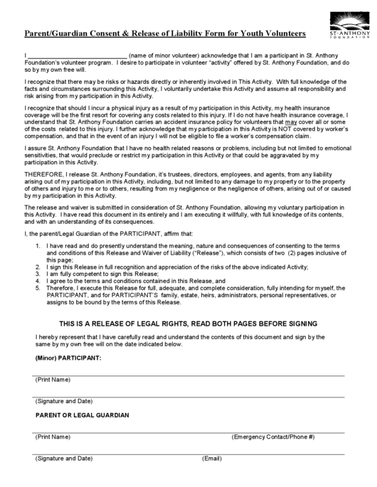 Parent/guardian Consent & Release Of Liability Form For Youth