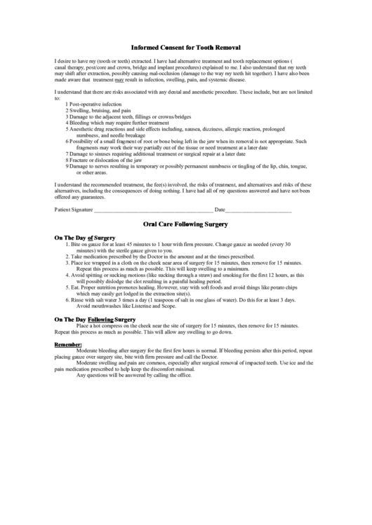 Informed Consent For Tooth Removal printable pdf download