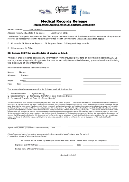 Medical Records Release printable pdf download