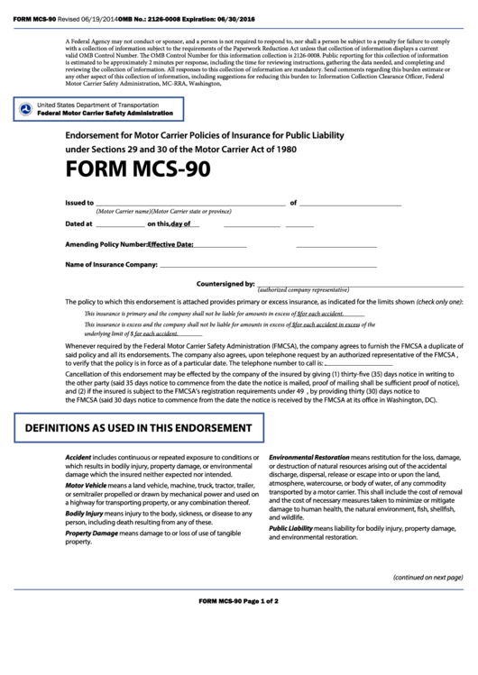Fillable Form Mcs90 Endorsement For Motor Carrier Policies Of
