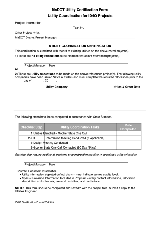 Fillable Mndot Utility Certification Form Utility Coordination For Id