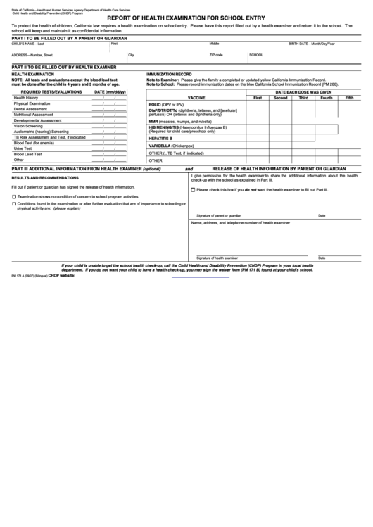 Report Form Of Health Examination For School Entry printable pdf download