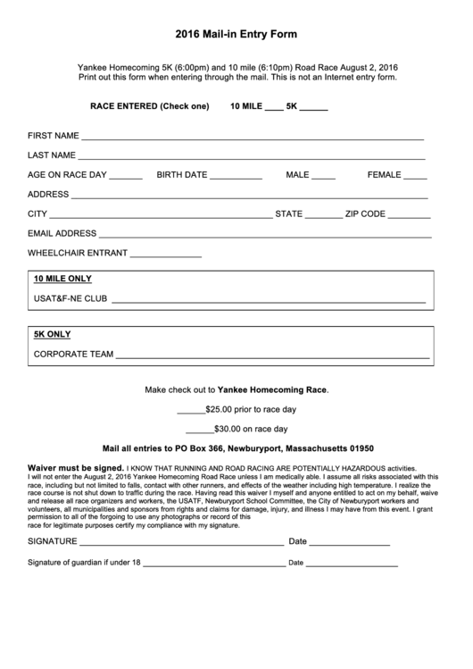 2024 Yankee Homecoming Schedule MailIn Entry Form Yankee 10m & 5k printable pdf download