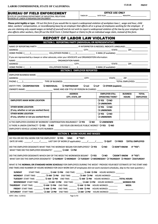 Fillable Report Of Labor Law Violation Form (Bofe 1) printable pdf download
