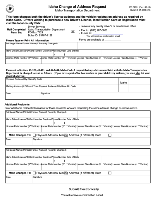 Fillable Form Itd 3239 Idaho Change Of Address Request printable pdf