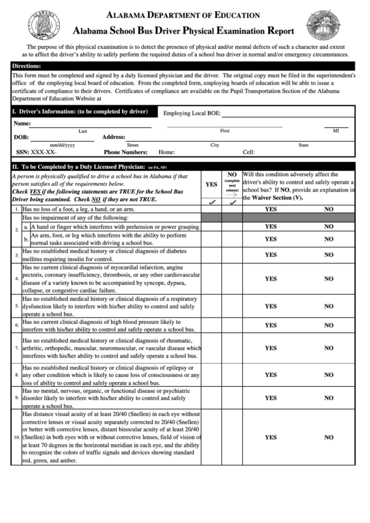 Alabama School Bus Driver Physical Examination Report printable pdf