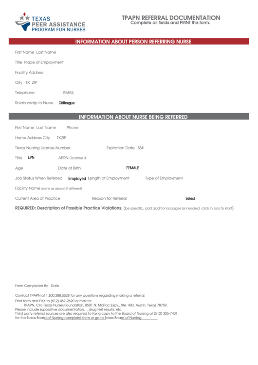 Fillable Tpapn Referral Form Texas Nurses Association printable pdf
