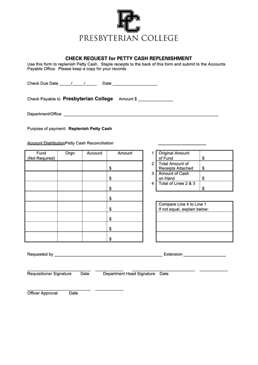 Fillable Check Request For Petty Cash Replenishment printable pdf download