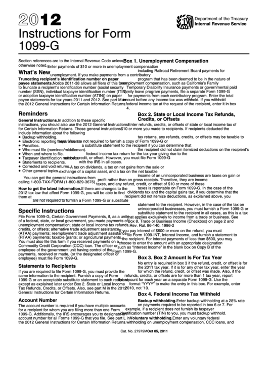 Instructions For Form 1099-G - 2012 printable pdf download