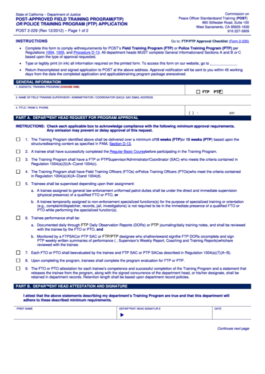 Fillable Post 2229 PostApproved Field Training Program (Ftp) Or