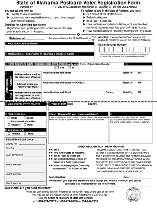 Fillable Postcard Voter Registration Form State Of Alabama printable
