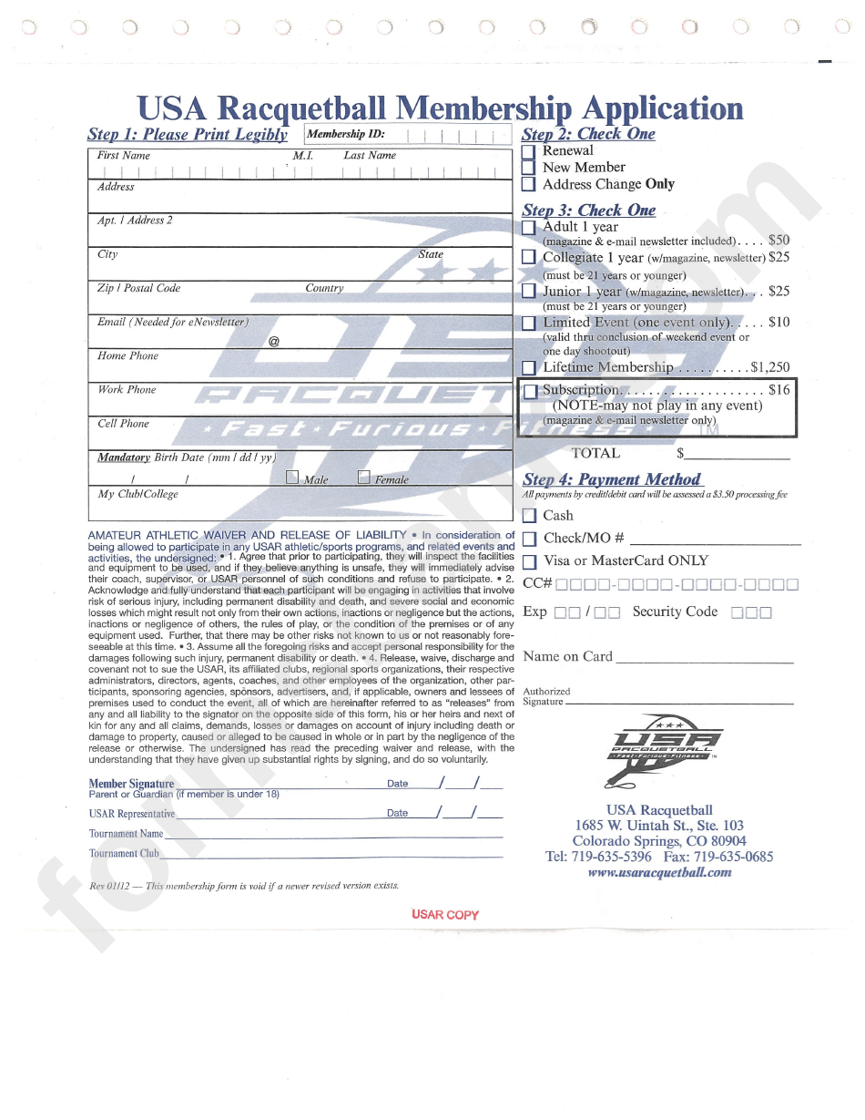 Usar Racquetball Membership Application Form printable pdf download