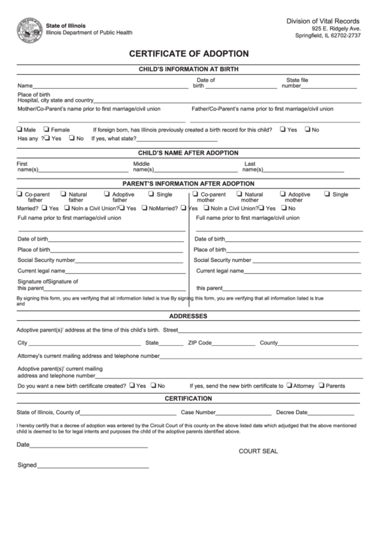 Fillable Form Vr 160 Certificate Of Adoption printable pdf download