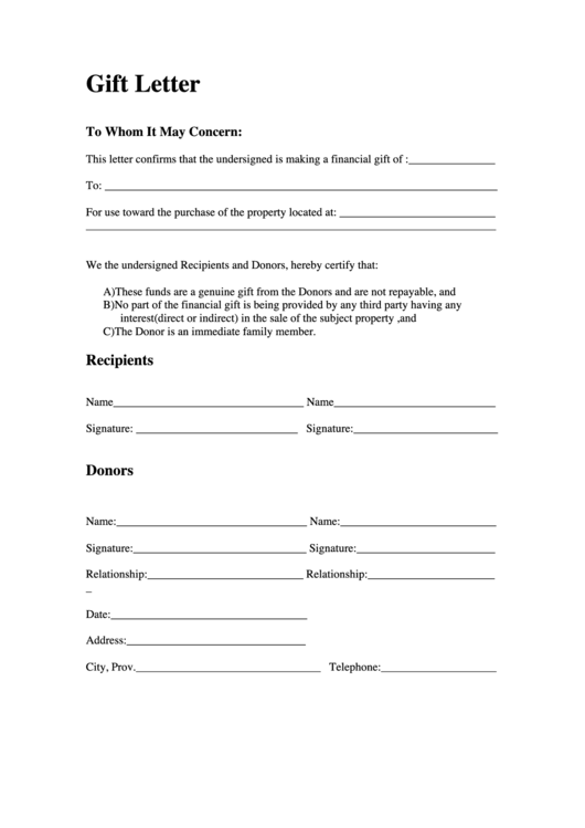 Gift Letter Template Purchase Of Property printable pdf download