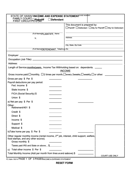 Fillable And Expense Statement Family Court First Circuit