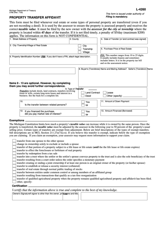 Fillable Form 2766 (L4260) Property Transfer Affidavit 2000
