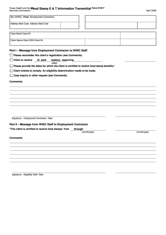 Form H1817 Food Stamp E & T Information Transmittal printable pdf download
